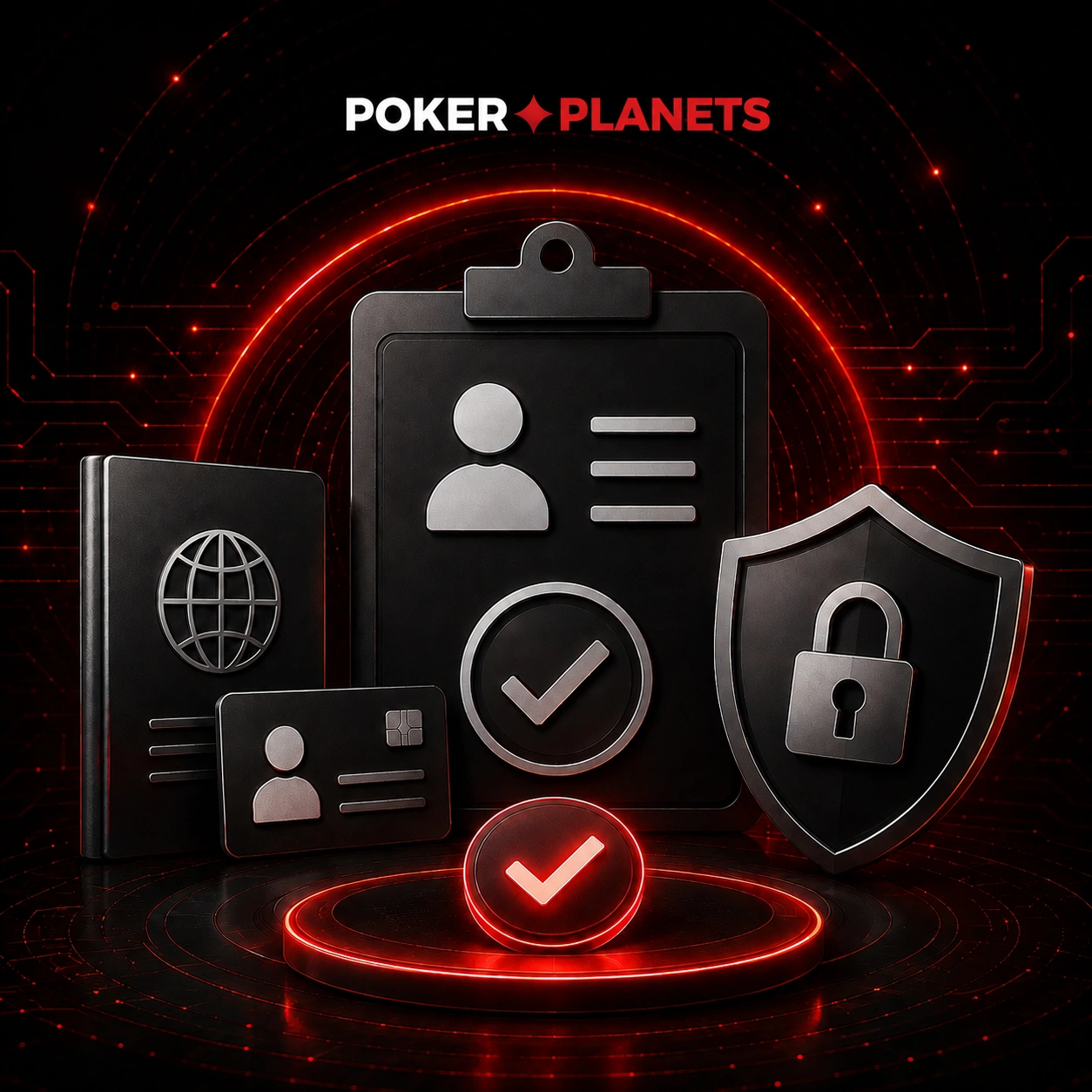 Баннер PokerPlanets для страницы KYC Policy с ID-картой, паспортом, защитным щитом, галочкой подтверждения и символами проверки личности в красно-чёрном стиле.