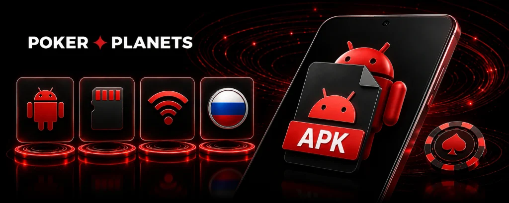Баннер PokerPlanets с Android-смартфоном, APK-файлом, иконками технических требований, интернет-соединения и флагом России