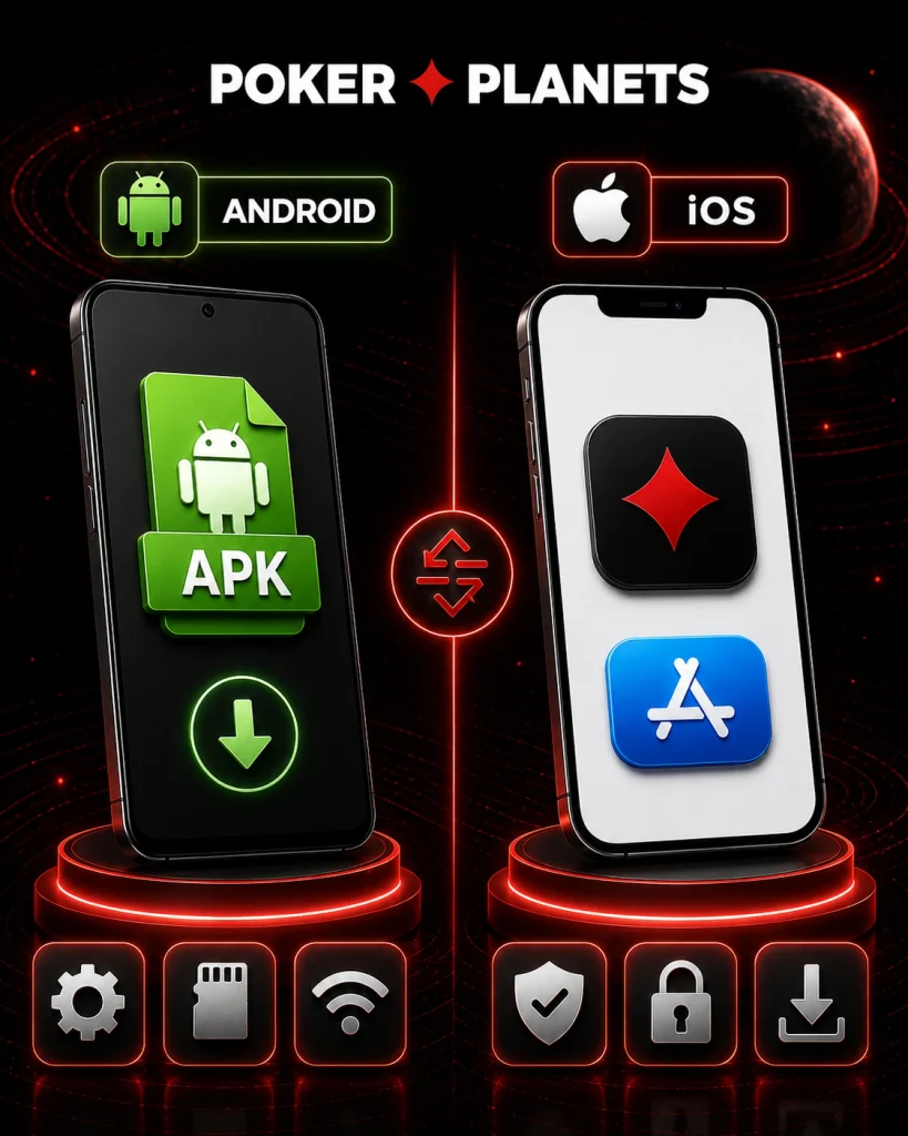 Баннер PokerPlanets для iPhone и iPad с интерфейсом App Store, логотипом приложения и элементами мобильной установки в фирменном красно-чёрном стиле.