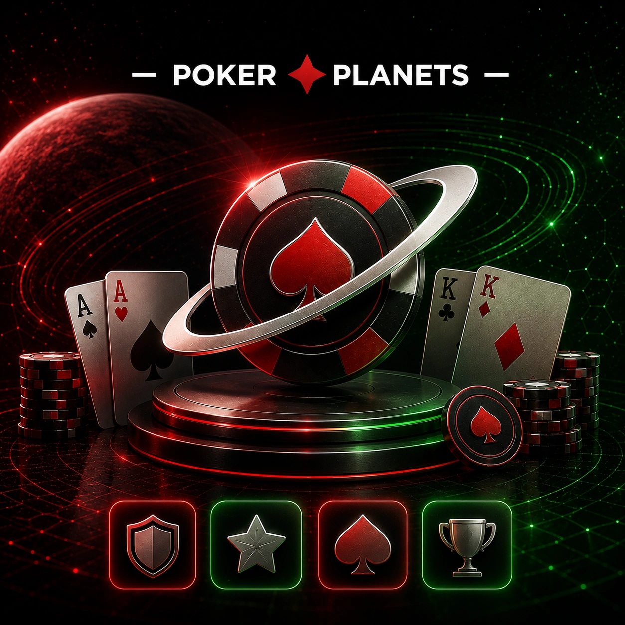 Футуристичный баннер PokerPlanets с покерными фишками, картами, космосом и неоновыми красными акцентами.