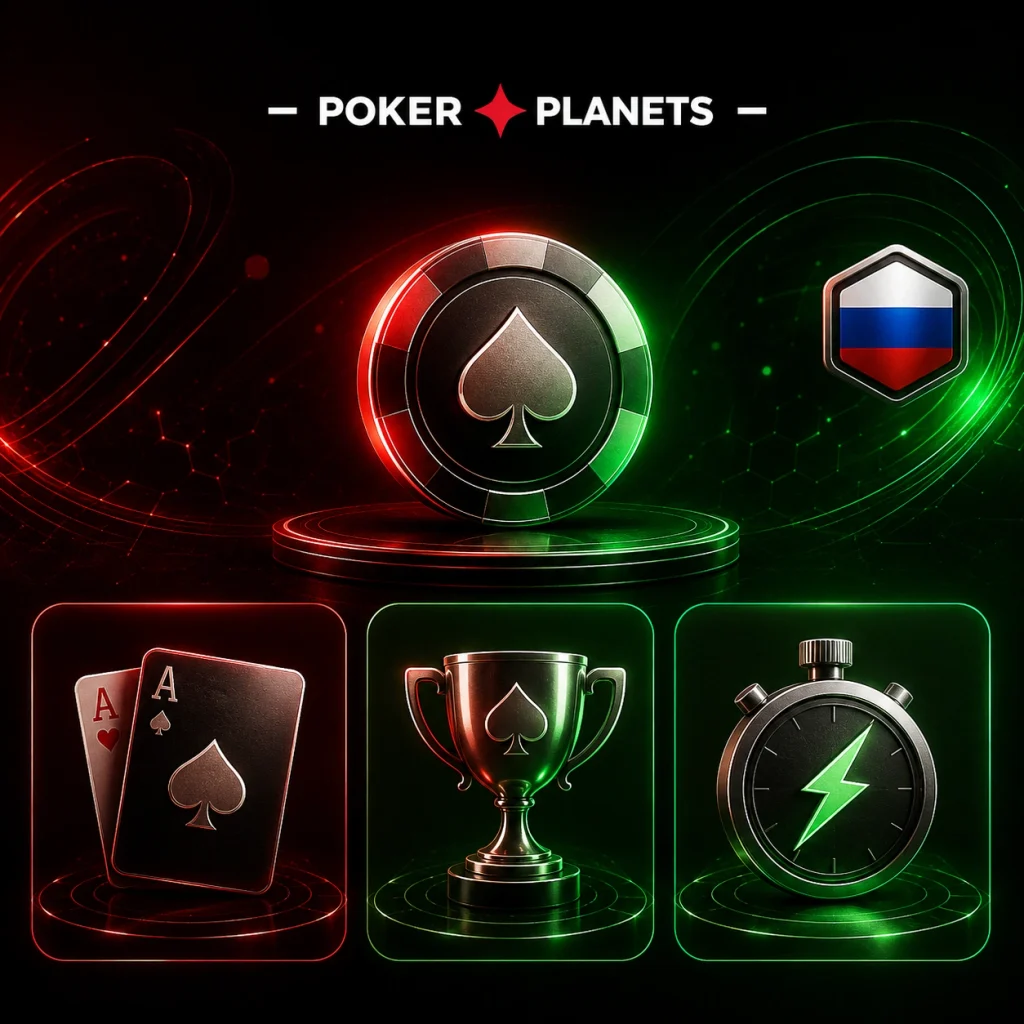 Баннер PokerPlanets с тремя форматами онлайн-покера: кэш-игры, турниры MTT и Sit & Go, с иконками карт, кубка и таймера, а также флагом России