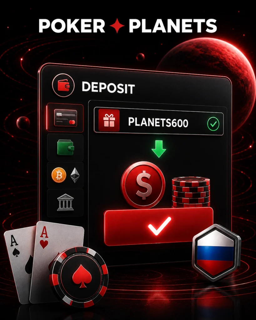 ΠΠΎΠΏΠΎΠ»Π½Π΅Π½ΠΈΠ΅ Poker Planets Ρ ΠΏΡΠΎΠΌΠΎΠΊΠΎΠ΄ΠΎΠΌ PLANETS600, ΠΊΠ°ΡΡΠ°ΠΌΠΈ ΠΈ ΡΠΈΡΠΊΠ°ΠΌΠΈ.